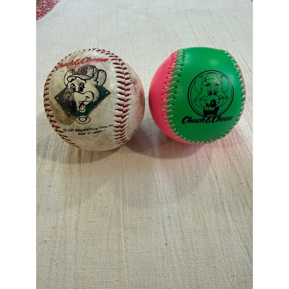 Vintage Chuck E Cheese Baseball Lot 1991 ShowBiz Pizza & Neon Green Pink Balls